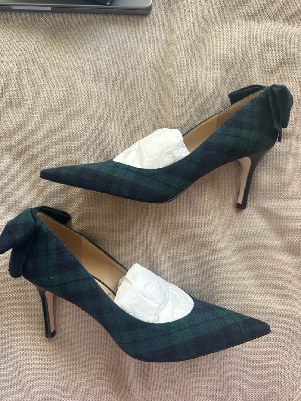 Talbots Green and Black Plaid Pointed-Toe Bow Pumps